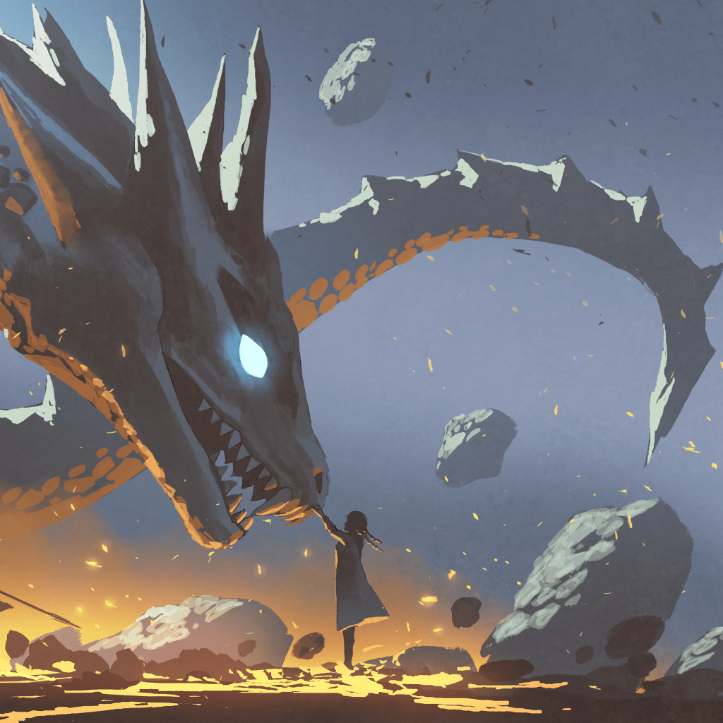 a woman reaching out to touch a dangerous dragon, image licensed from depositphotos